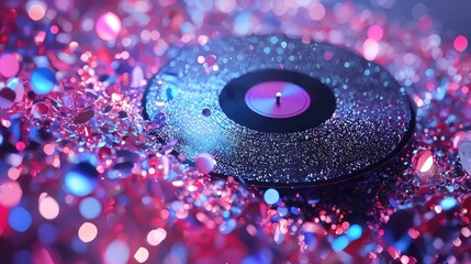 A vibrant vinyl record surrounded by sparkling colorful gems, creating a captivating blend of music and visual art.