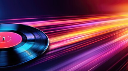 A vibrant vinyl record with colorful light streaks, symbolizing music, nostalgia, and the dynamic energy of sound.