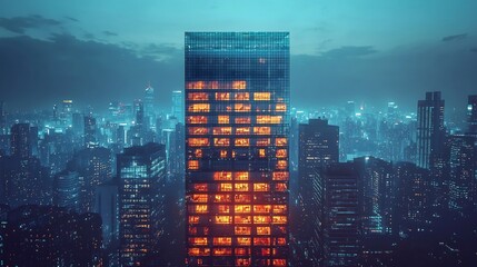 Fototapeta premium Illuminated Corporate Skyscraper Rising Above Bustling City Skyline at Night