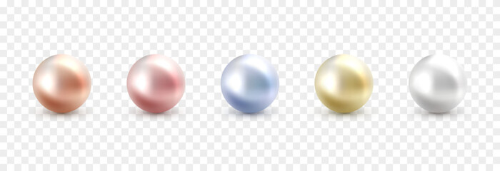 Vector set of pearls on isolated transparent background. Multicolored pearls png. Pearl beads.
