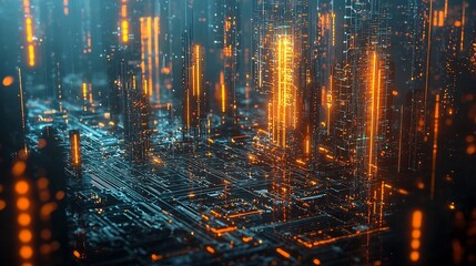 Naklejka premium Quantum Metropolis A Futuristic City Skyline of Glowing Circuits and Entangled Data Streams