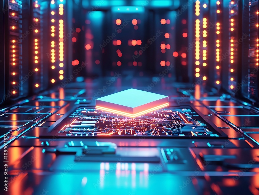 Poster futuristic quantum chip floating in glowing server room symbolizing shift to quantum computing techn