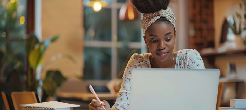 Young woman of color attending a webinar and writing notes on paper