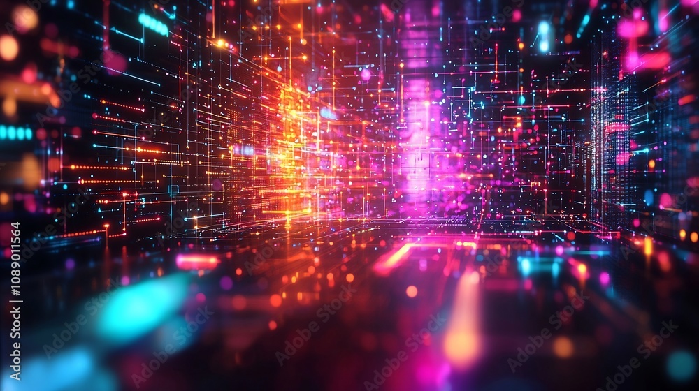 Aufkleber futuristic quantum computing terminal with glowing circuits and colorful data beams