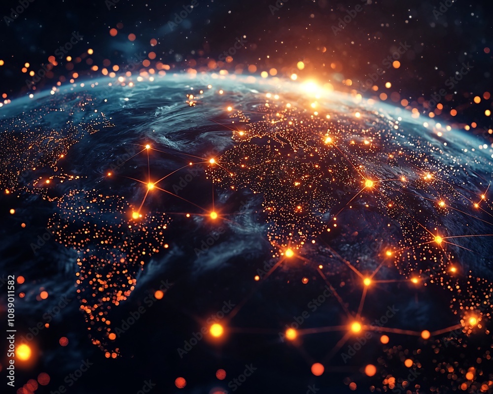 Poster glowing global network of quantum computers exchanging data through futuristic tunnels