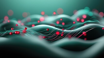 A mesmerizing abstract representation of flowing waves with vibrant red particles, set against a soft green backdrop, evoking a sense of depth and movement.