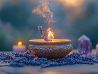 Burning smudge stick with lavender and amethyst crystals in a ceramic bowl. AI generated