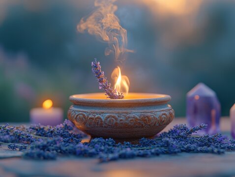 Burning smudge stick with lavender and amethyst crystals in a ceramic bowl. AI generated