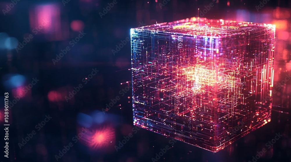 Poster quantum computer visualization as glowing cube with pulsing energy waves