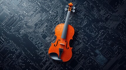 Fototapeta premium A vibrant orange violin rests on a dark, intricate circuit board, blending the worlds of music and technology.