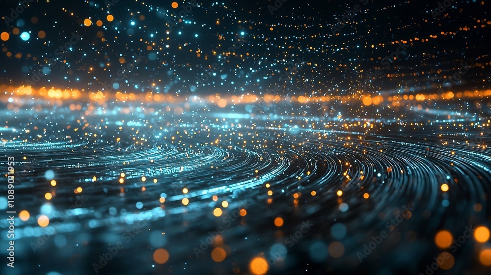 Poster glowing qubits floating in a vast digital universe showcasing quantum computing concept