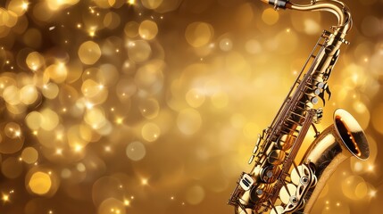 Naklejka premium A golden saxophone glimmers against a sparkling backdrop, evoking a sense of elegance and musicality.