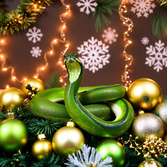 Fototapeta premium Green snake on a Christmas tree with gold and green ornaments