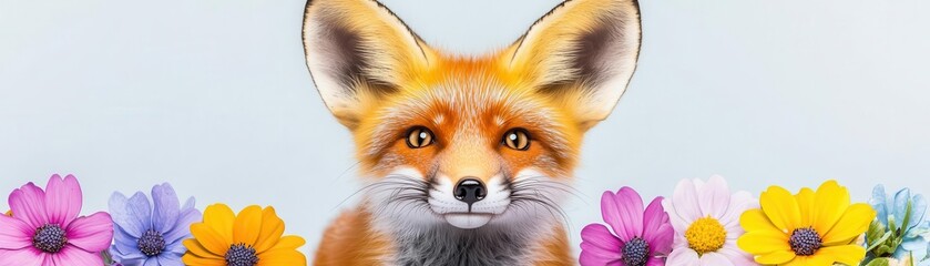 Obraz premium Playful fox with oversized ears, surrounded by flowers, woodland charm, gentle expression, children s book style