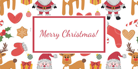 Christmas greeting card with stocking, santa claus, rein deer, gingerbread cookies, candy cane, holly berry plant tree decorations, gift box on white background. Hand drawn vector illustration