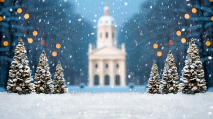 Fototapeta premium Winter scene with snow, trees, and a distant building.
