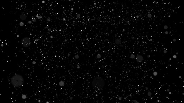 Calmly falling snow on a black background. Winter theme, snowflakes overlay concept. Loop animation. Just add screen mode in AE and you will have overlay.