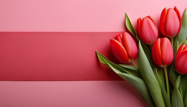 Schöne rote Tulpen zum Valentinstag vor einem rosa rot farbenen Hintergrund mit Platz für Text. - Powered by Adobe