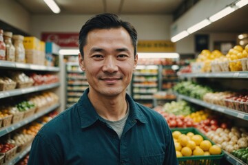 Close portrait of a smiling 40s Kazakh male grocer standing and looking at the camera, Kazakh grocery store blurred background