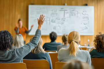 Rear view of diverse individuals raising hands during a business seminer or training session in a classroom, with a blurred presenter and whiteboard in focus.