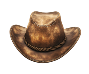 cowboy hat with a distressed leather finish featuring braided rope trim and wide brim isolated background vintage western style accessory
