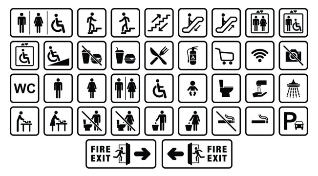 Set of public building and shopping mall universal icons signs and information signs