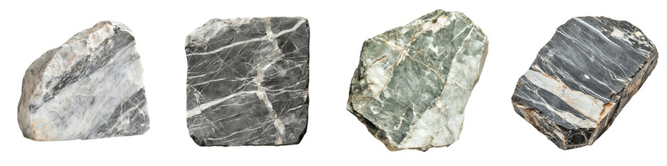 Obraz premium A collection of four distinct stones showcasing various textures and colors, each with unique patterns and characteristics.