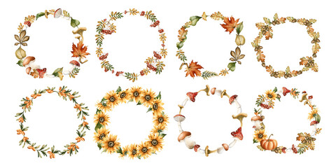 Autumn wreaths with leaves, mushrooms, flower, insect and animal. Watercolor hand drawn floral isolated illustration set