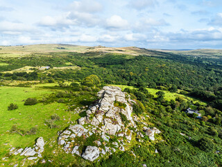 Obraz premium Vixen Tor from a drone, Dartmoor National Park, Yelverton, Devon, England, Europe
