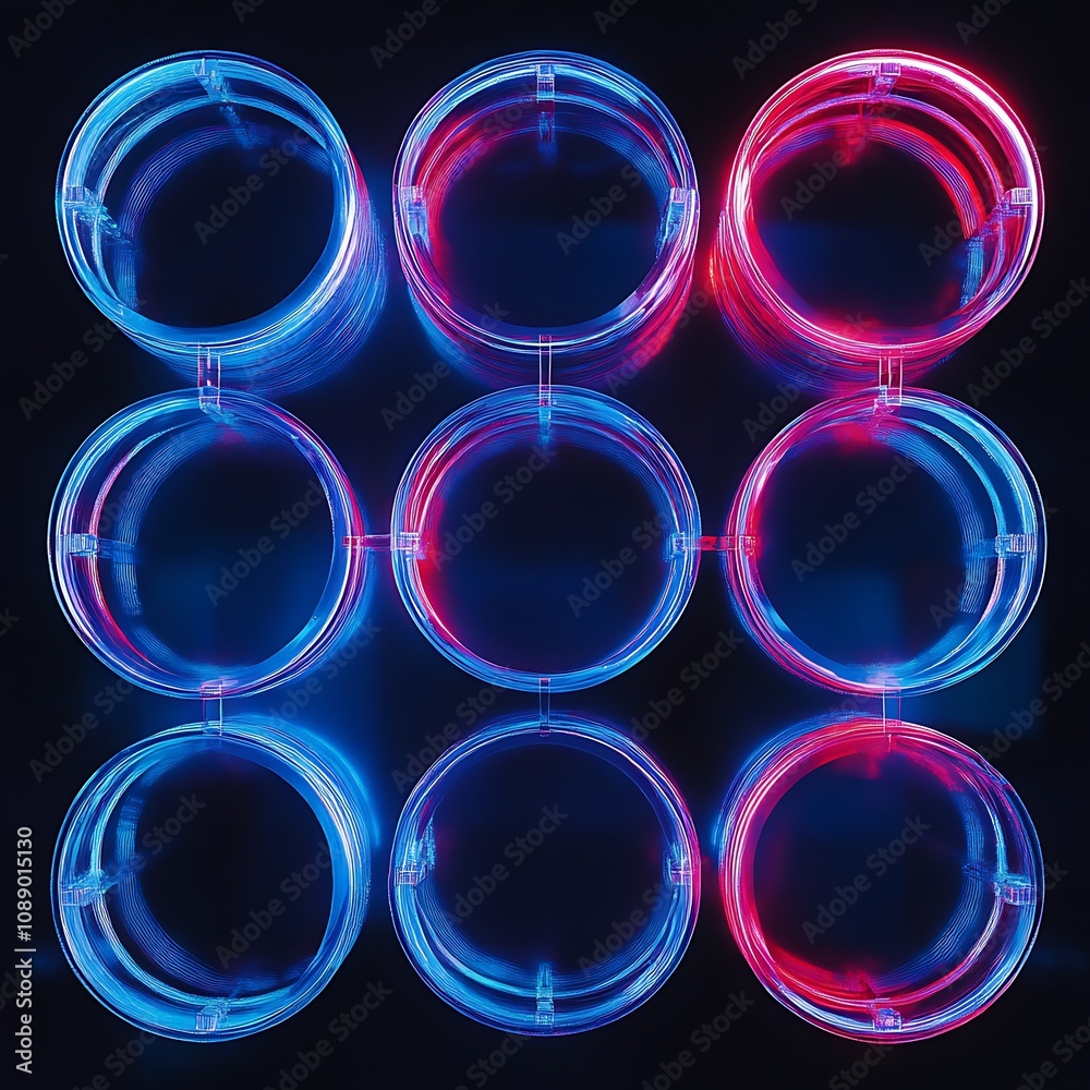 Poster vibrant abstract display of colorful neon circles in a grid pattern creating a modern digital aesthe