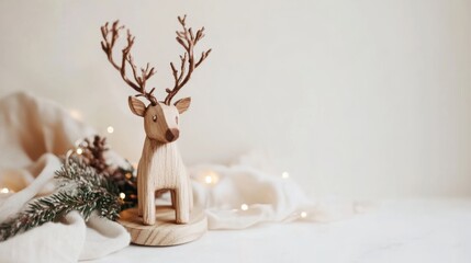 Serene Christmas Decor Scene with Wooden Reindeer and Twinkling Lights