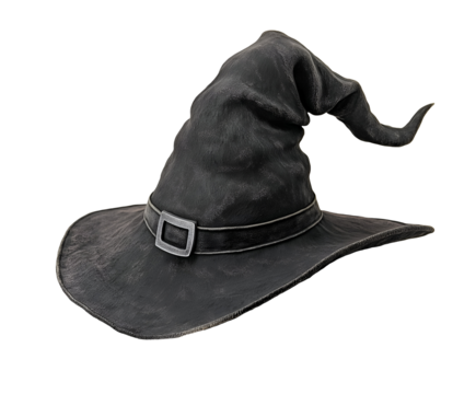 halloween witch hat with crooked brim and silver buckle isolated background
