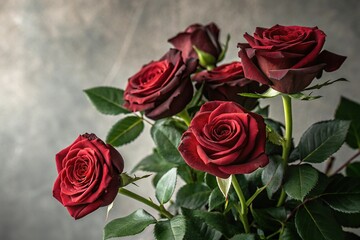 Fototapeta premium A cluster of dark red roses with green leaves, floral arrangement, nature scene, floral design, flower cluster, dark red rose