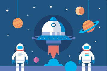 Vibrant space scene with astronauts, rocket, planets, and stars. Symbolic elements add mystery. Represents peaceful exploration and scientific curiosity.