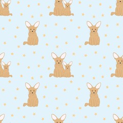 Seamless baby pattern with cute fennec fox on light blue background 