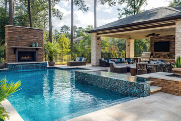 Fototapeta premium Villa with an expansive pool and outdoor kitchen