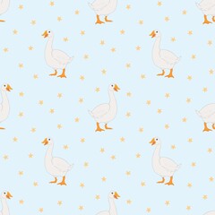 Seamless baby pattern with cute goose on light blue background 
