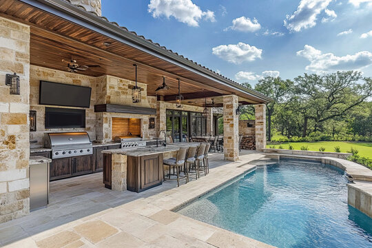 Villa with an expansive pool and outdoor kitchen