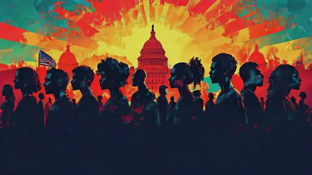 Group of Americans Standing Together Against Capitol Building at Sunset Creating Powerful Moment new beautiful stock video footage animation AI