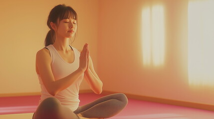 女性が室内スタジオでヨガを行い心身を整えている画像