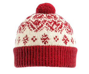 knit winter hat with nordic snowflake pattern in red and white isolated background
