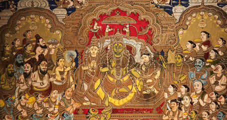 Close-up view on Ramapattabhisheka tableau. scene has Rama and Sita on throne. couple is flanked by Ramas brothers, Vibhishana, allies, rishis, kings, and noblemen