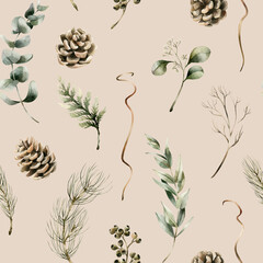 Pine cones, Eucalyptus and Coniferous branches. Winter forest plants. Watercolor floral seamless pattern on beige