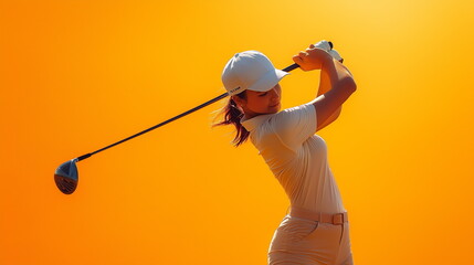 女性のゴルフプレーヤーがドライバーをスイングしている画像