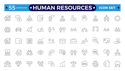 Set of outline icons related to HR, Human Resources, Recruitment, Employment, business, office, company, and management. Editable stroke outline icon.
