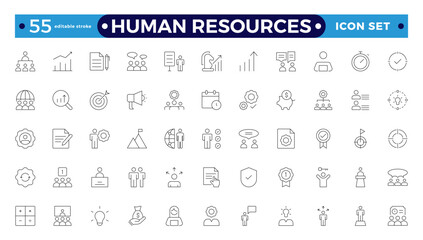 Set of outline icons related to HR, Human Resources, Recruitment, Employment, business, office, company, and management. Editable stroke outline icon.
