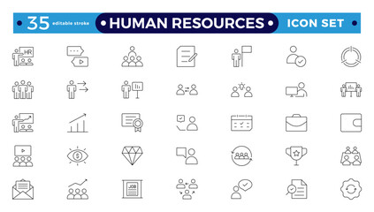 Set of outline icons related to HR, Human Resources, Recruitment, Employment, business, office, company, and management. Editable stroke outline icon.
