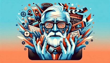 Elder speaker amidst technology, vibrant colors, double exposure art highlights endangered language preservation on a plain background