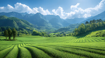 Fototapeta premium Photography of a perfectly maintained, vibrant green farmland, showcasing the intricate patterns of crop rows with a backdrop of mountains under a bright summer sky.