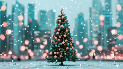 Christmas tree in a snowy city